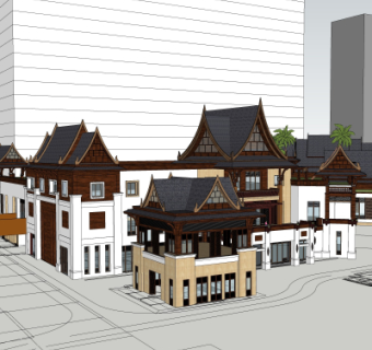 中式商铺外观su模型