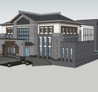 中式会所建筑外观su模型