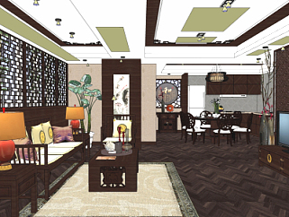 新中式客厅餐厅su模型