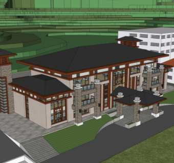 中式会所建筑外观su模型