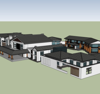 新中式会所建筑外观su模型