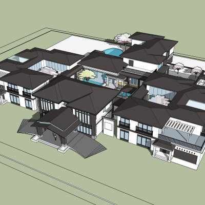 中式会所外观鸟瞰su模型