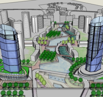 现代商业区规划su模型