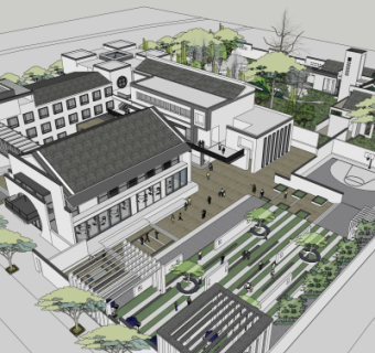 中式敬老院外观su模型