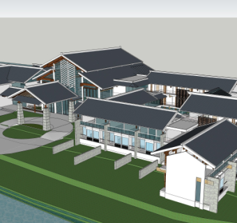 中式酒店外观su模型