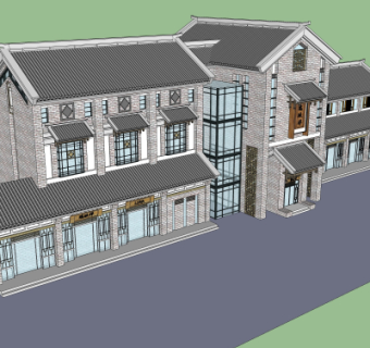 中式商铺外观su模型