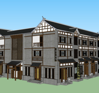 中式酒店外观su模型