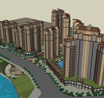 新中式住宅小区鸟瞰su模型