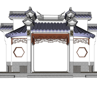 中式牌坊大门su模型