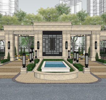 新中式小区大门su模型