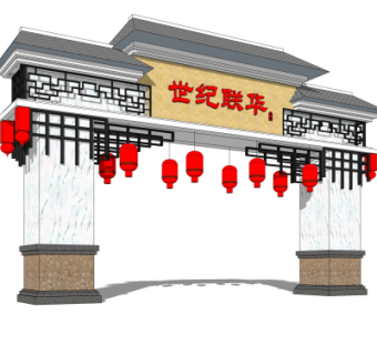 新中式小区门头su模型