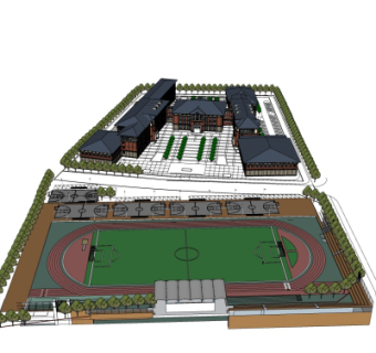 现代学校教学楼操场组合su模型