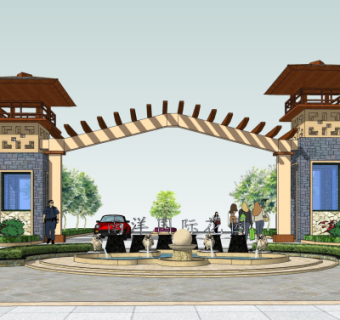 新中式小区大门su模型