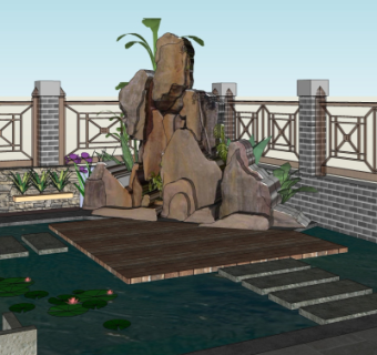 中式假山水池小品su模型