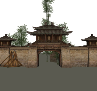 中式城墙大门su模型