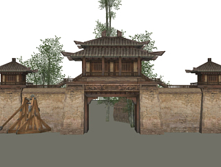 中式城墙大门su模型