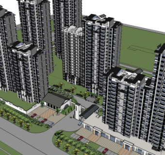 新中式小区规划su模型