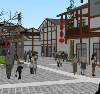 新中式商业街su模型