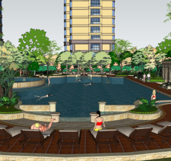 现代露天游泳池su模型