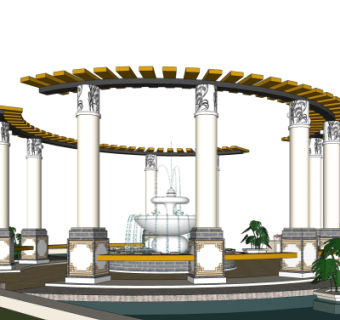 新中式廊架喷泉su模型