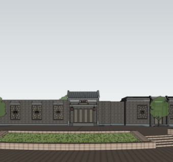 中式围墙大门组合su模型