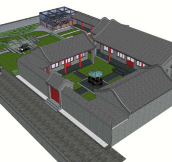 中式四合院外观su模型