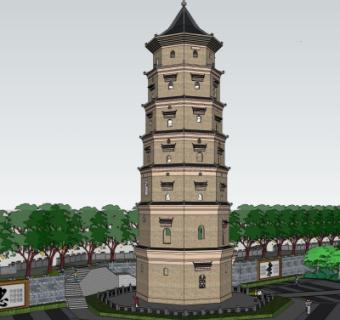 中式塔建筑su模型