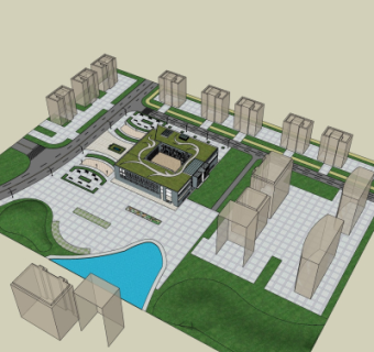 现代图书馆鸟瞰规划su模型