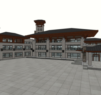 中式会所外观su模型