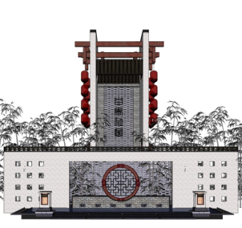 中式景观墙su模型