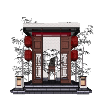 中式景观墙su模型