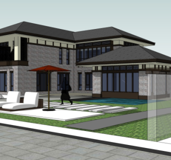 中式别墅外观su模型