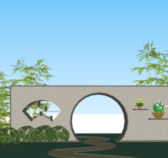 中式月亮门景观墙su模型