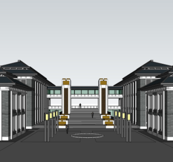 新中式建筑外观su模型