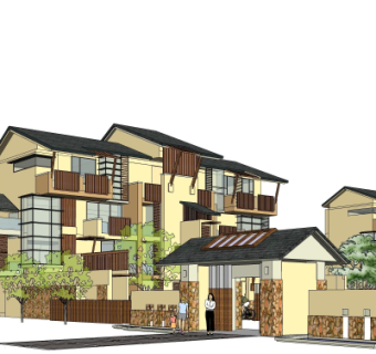 新中式别墅外观su模型