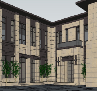新中式建筑外观su模型