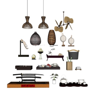 日式武士刀茶具摆件su模型