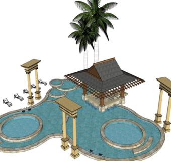 东南亚凉亭水景su模型