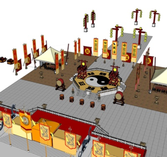 中式民俗戏台鼓架小品su模型