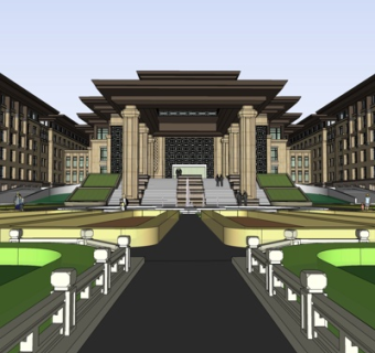 新中式酒店外观su模型