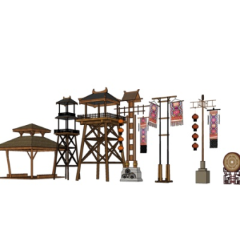 中式旗杆凉亭小品su模型