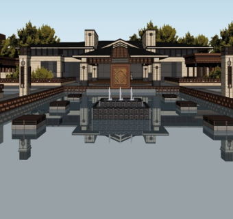 新中式酒店外观su模型