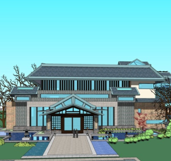 新中式酒店外观su模型