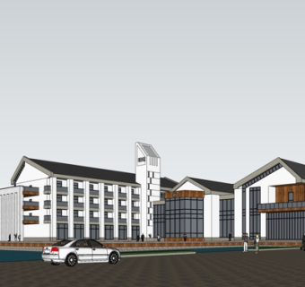 新中式酒店外观su模型