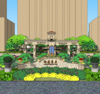 欧式小区入口门头su模型