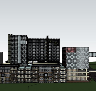 中式酒店外观su模型