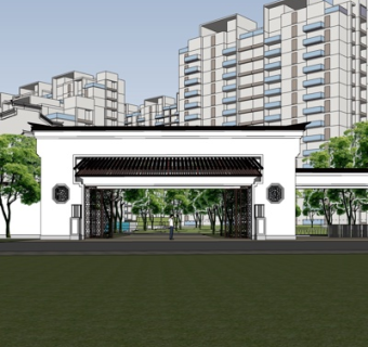 新中式小区入户门su模型