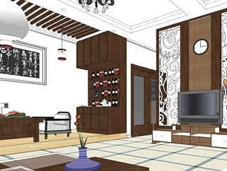 新中式客厅su模型