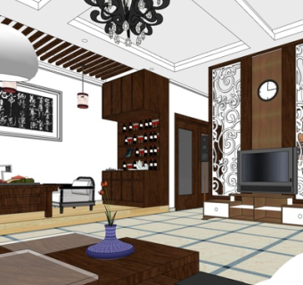 新中式客厅su模型