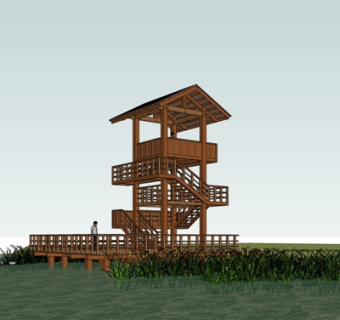 中式实木观景台su模型